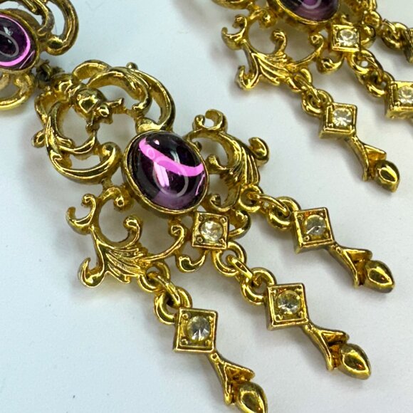 Gold Tone and Purple Stones Chandelier Pierced Earrings Prom - Picture 3 of 6